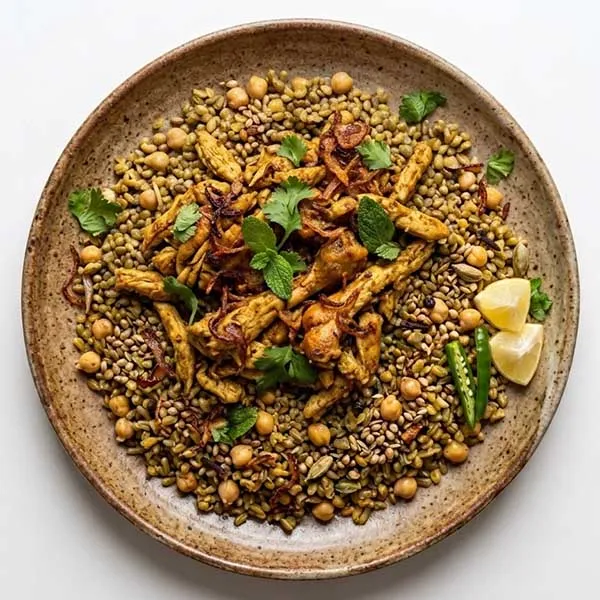 Tabil-Spiced Roast Chicken with Smoky Freekeh & Chickpeas